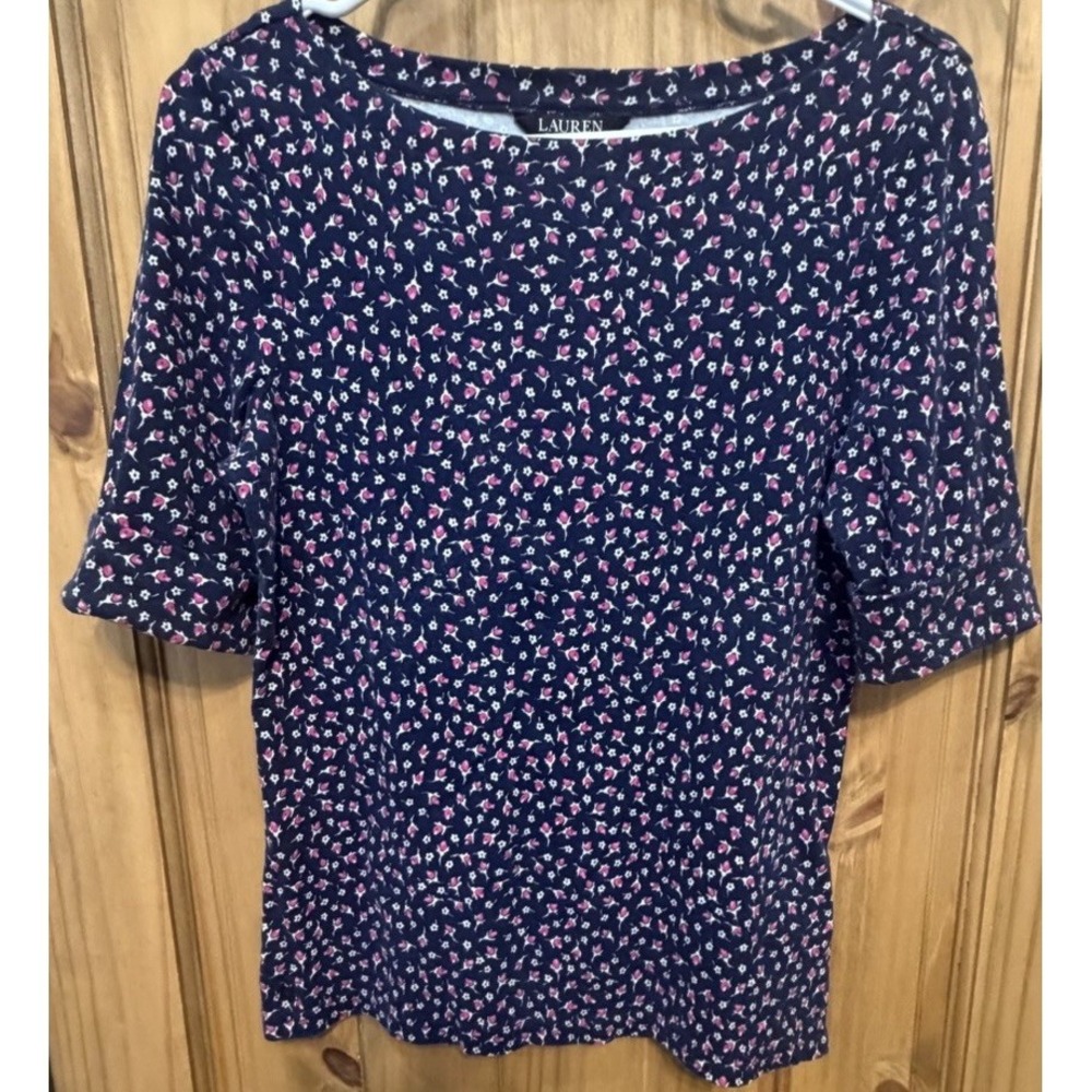 Lauren Ralph Lauren Floral Top Womens Large Petite Blue Preppy Cottage